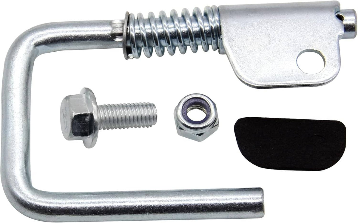 Spring loaded rafter hook nail gun hanger with metal U hook, spring, and black rubber pad