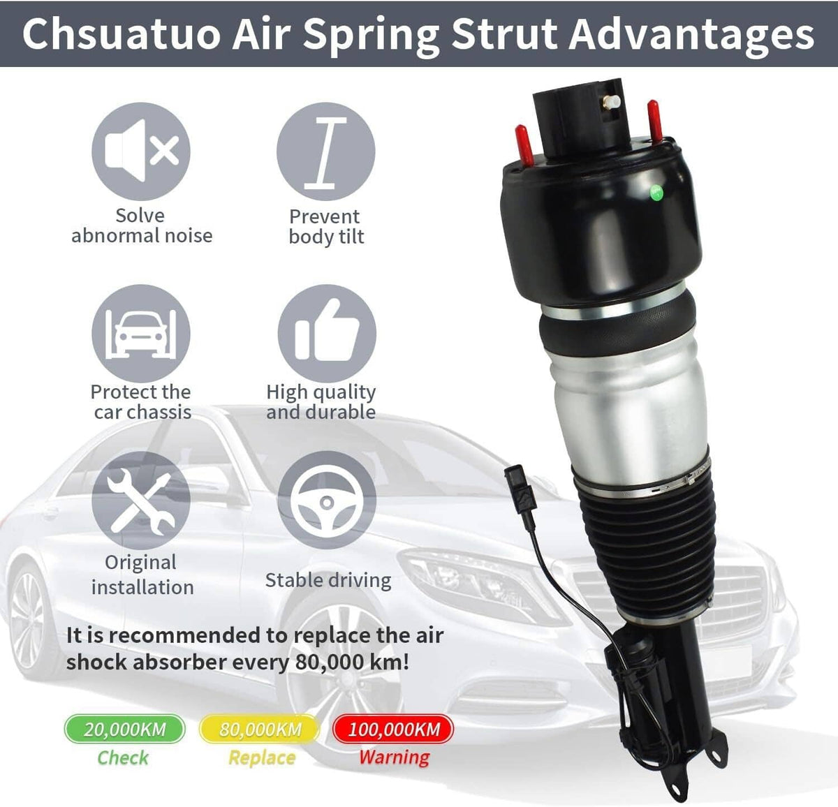 Air spring suspension strut with black top mount, silver cylinder, and ribbed bellow