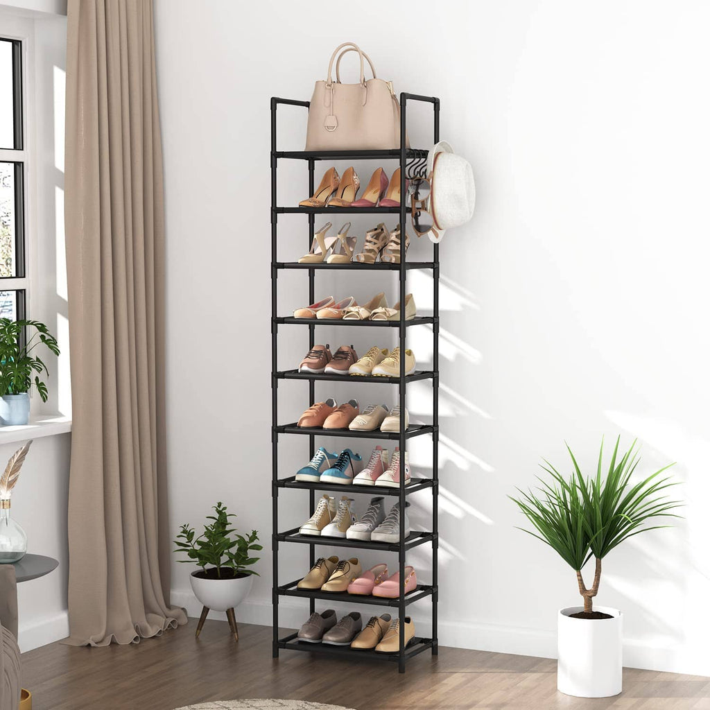 Tall black 10-tier shoe rack with open shelves, side hooks, and stored shoes