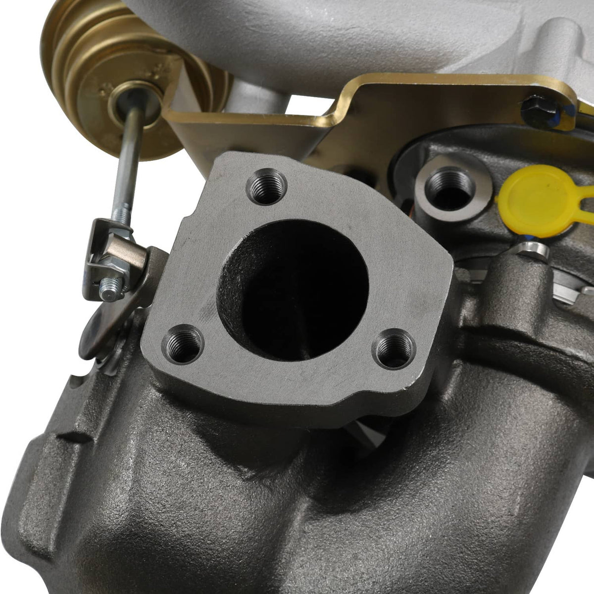 Turbocharger assembly with cast housing, black inlet, and yellow vacuum fitting