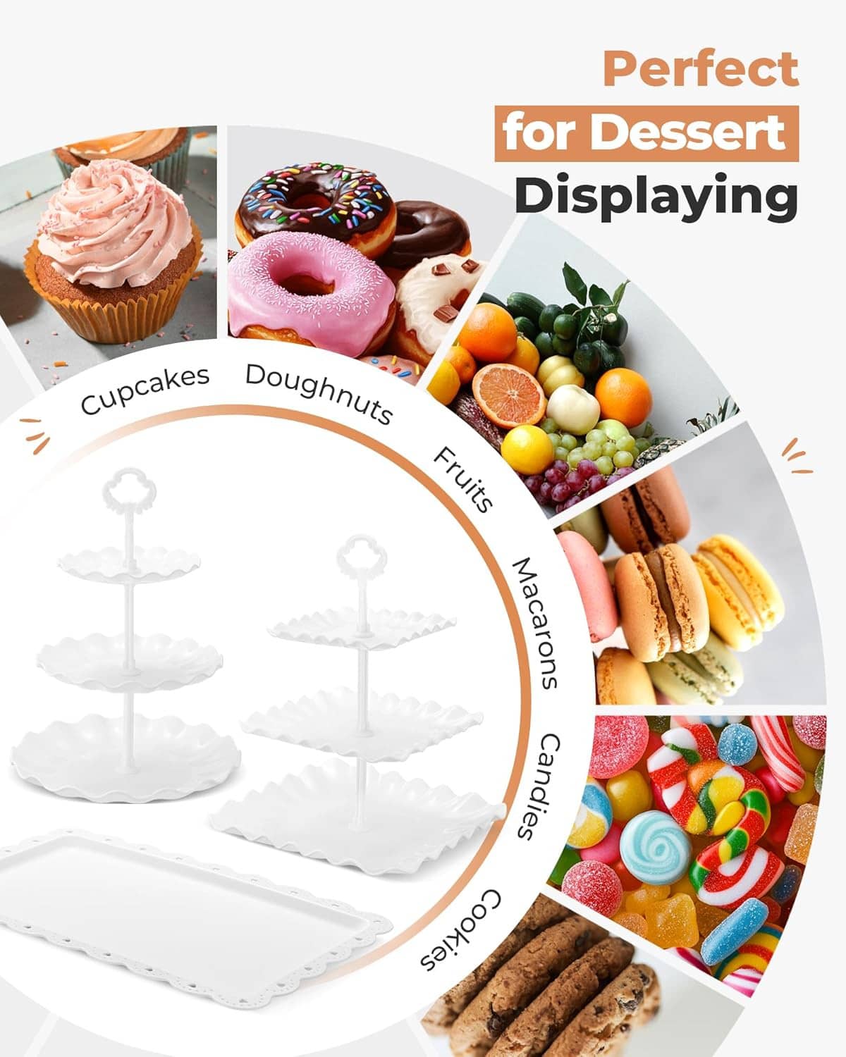Dessert display stand shown with sample foods on tiered tray silhouettes