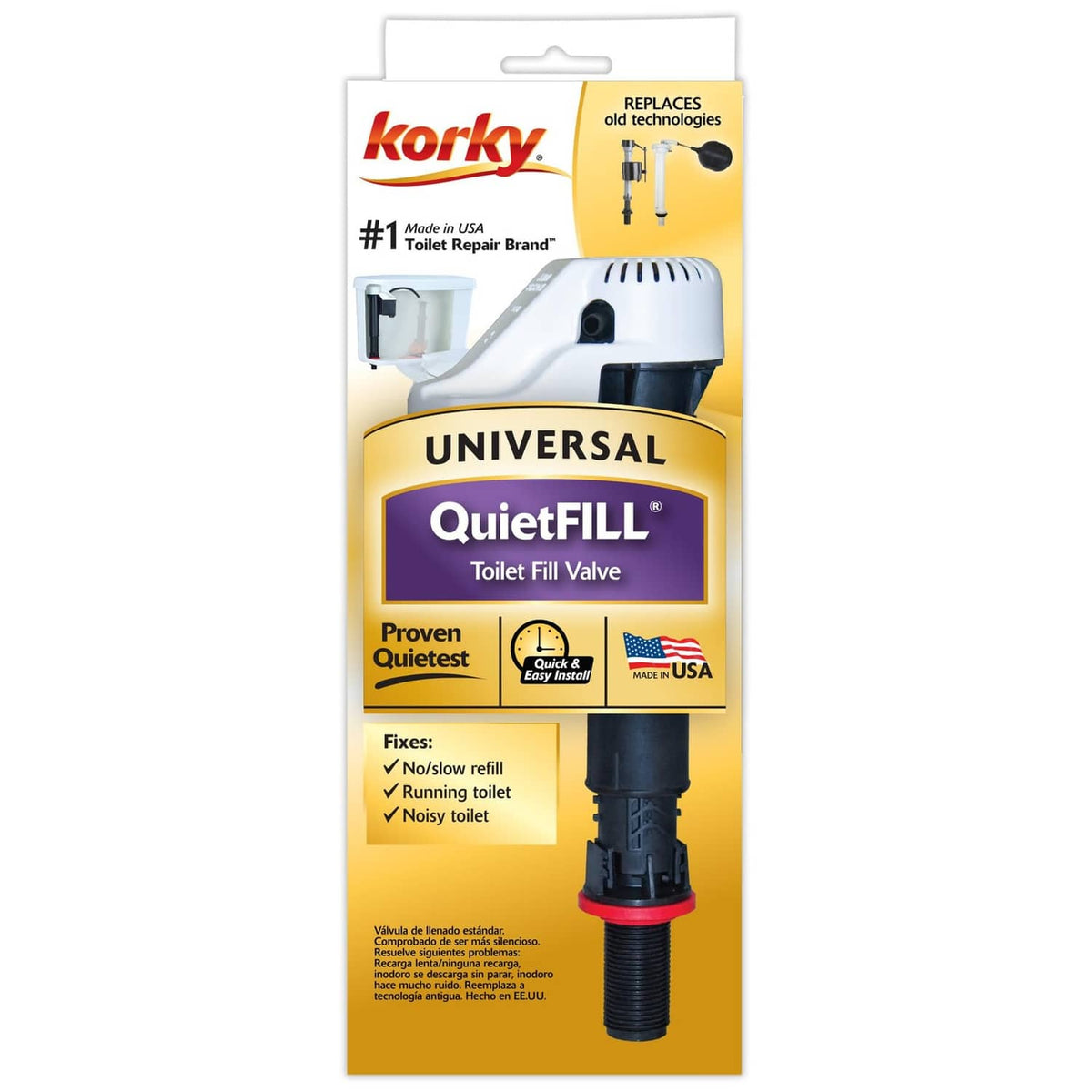 Korky QuietFILL universal toilet fill valve replacement in retail package