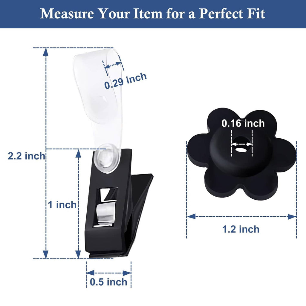 Black-and-clear garden flag clip with flower-shaped rubber stopper (close-up)