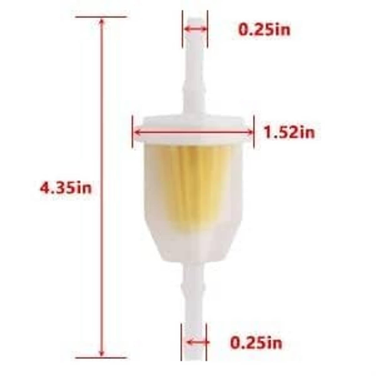 Inline fuel filter bulb with dimensions shown, white housing with yellow tint