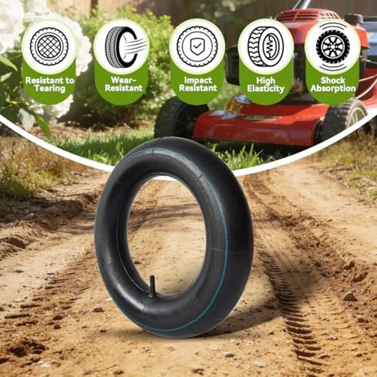Black 4.00-10 inner tube with blue stripe and straight valve stem