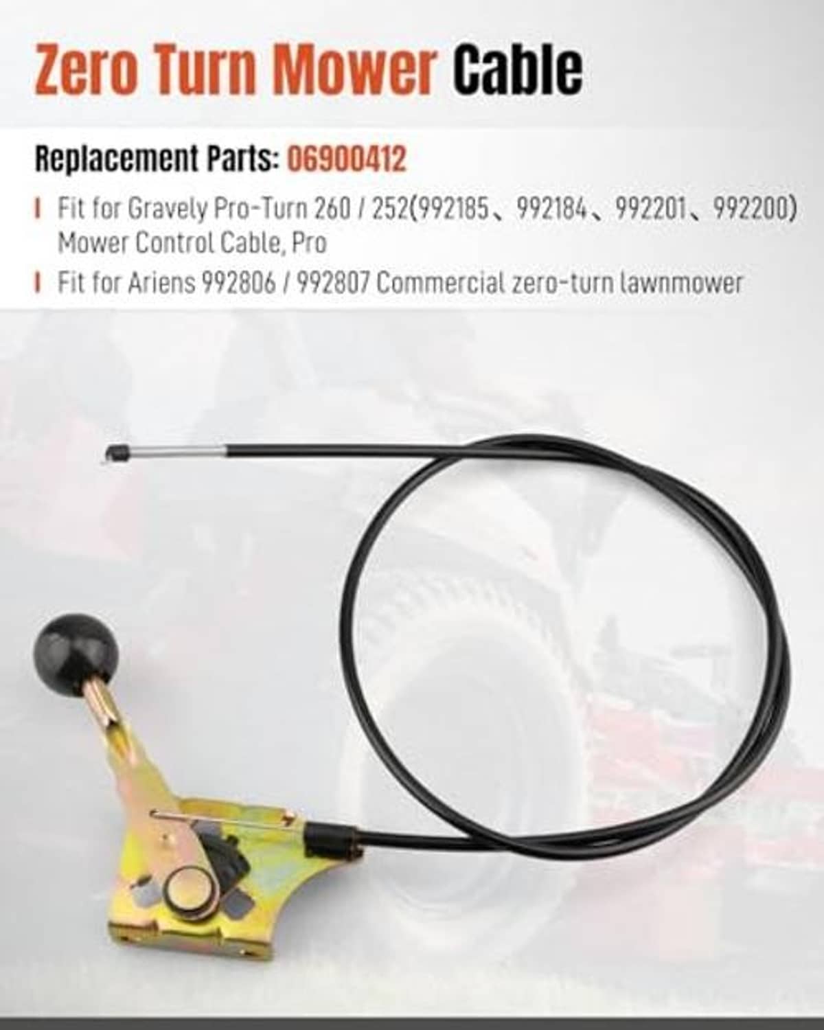 Zero-turn mower throttle cable with black cable, yellow bracket, and knob end
