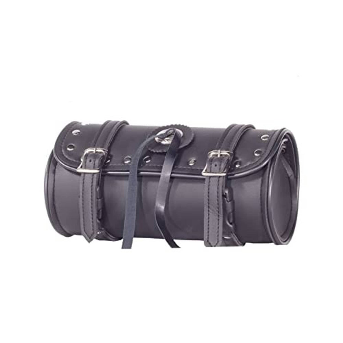 Black cylindrical motorcycle bag with riveted trim and two front buckles
