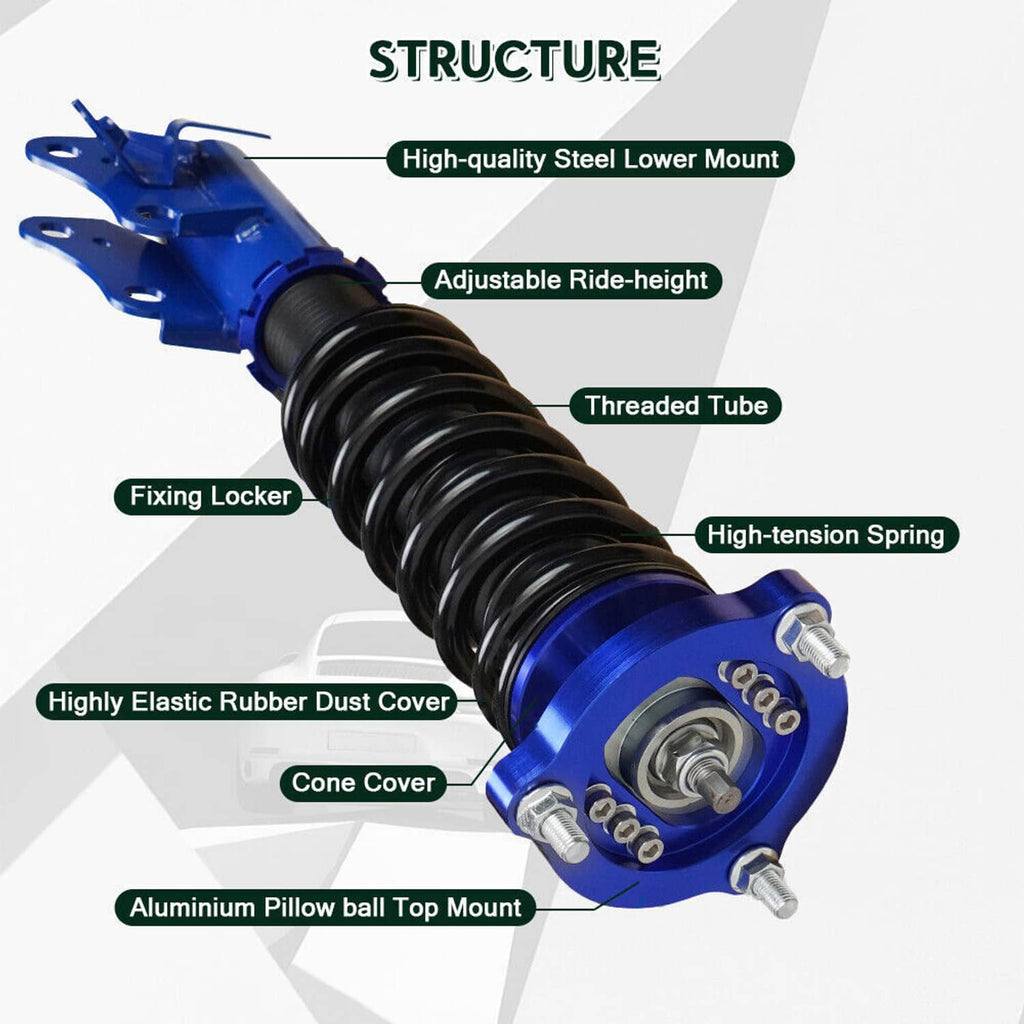 Adjustable coilover strut with blue top mount and black spring, showing main components
