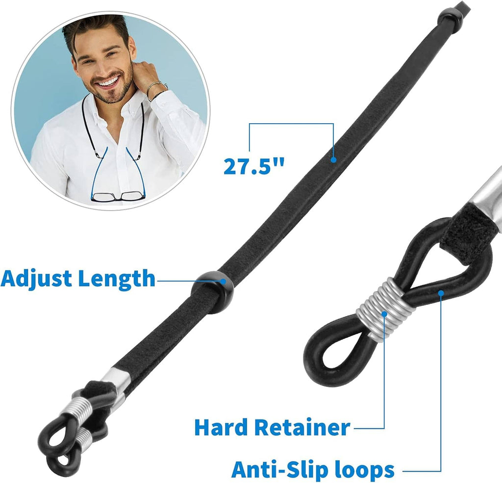 Black adjustable eyeglass strap with hard retainer and anti-slip loops