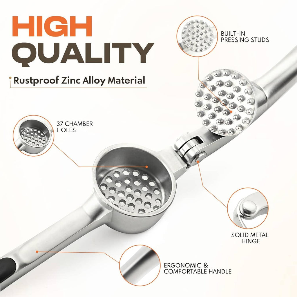 Garlic press with round perforated pressing plate and solid metal hinge, close-up