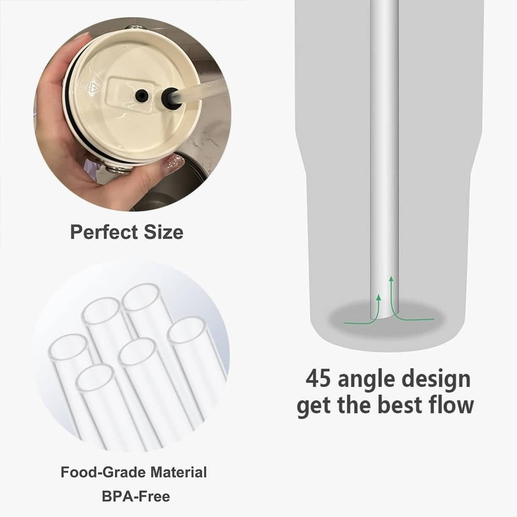 Replacement straws shown in a stack with cup top access; BPA-free food-grade material.