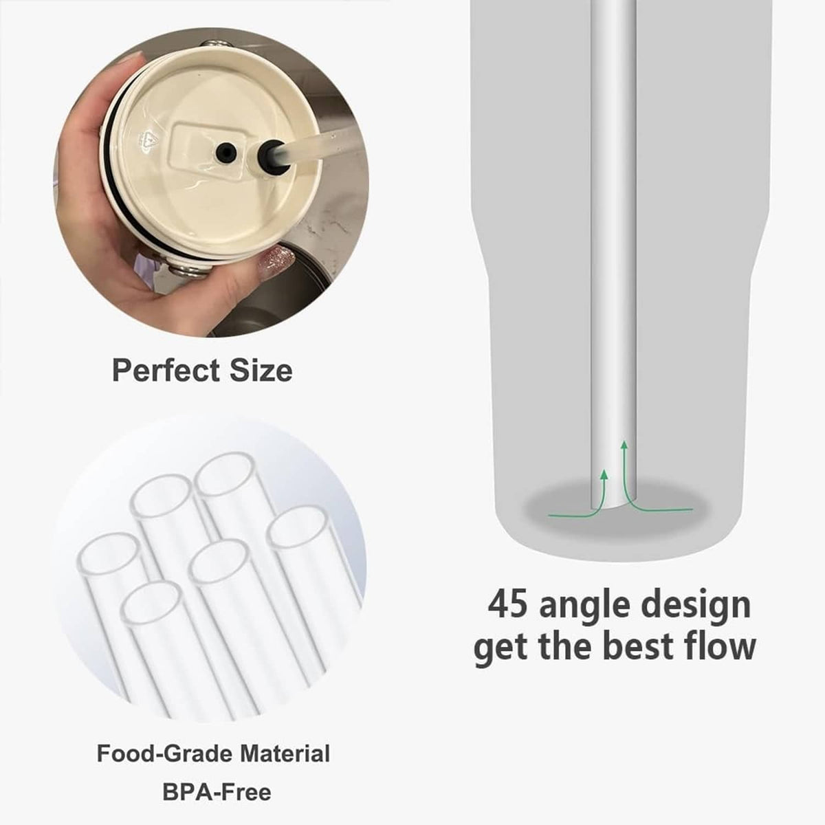 Replacement straws shown in a stack with cup top access; BPA-free food-grade material.