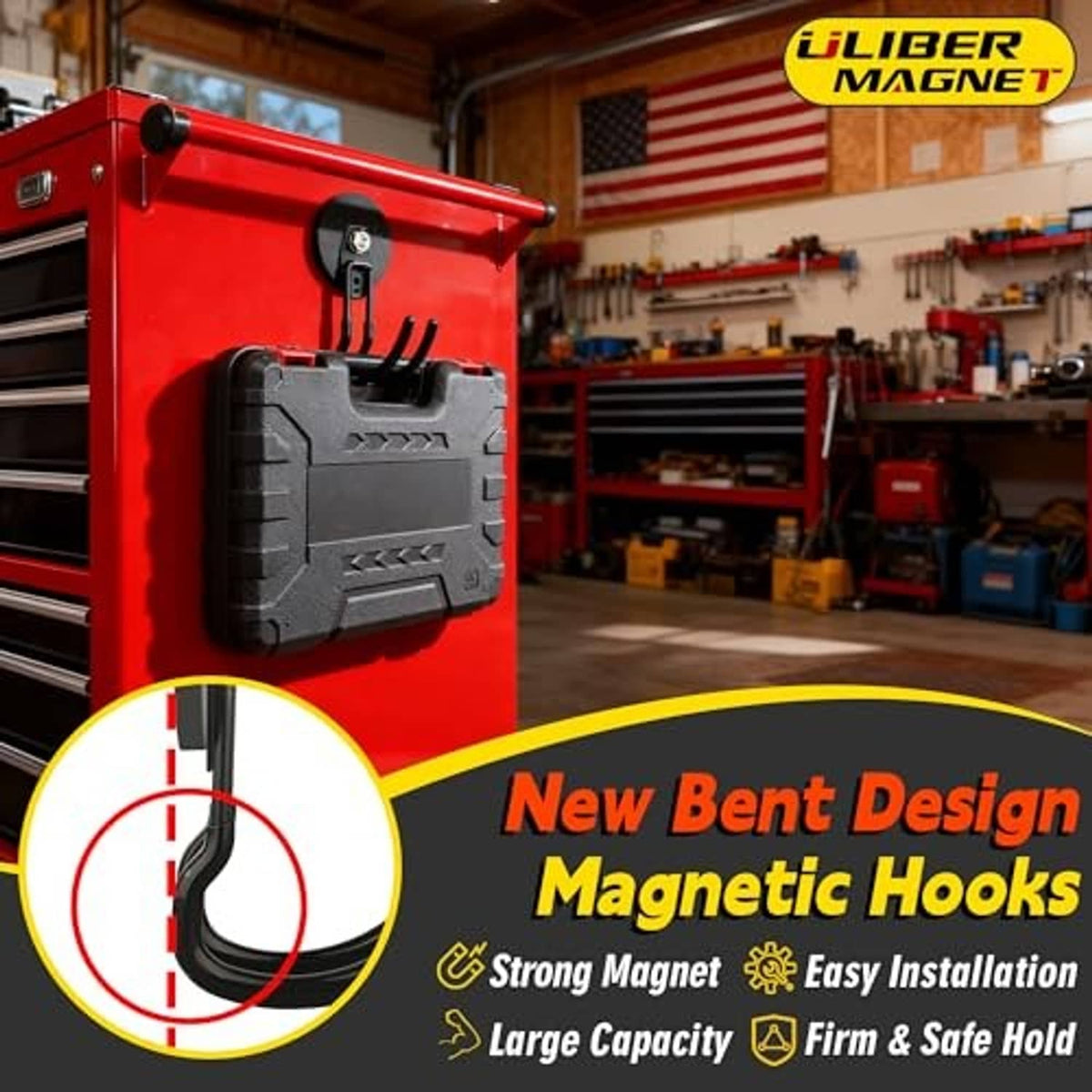Black magnetic hooks mounted on a red panel, with two curved hanging arms
