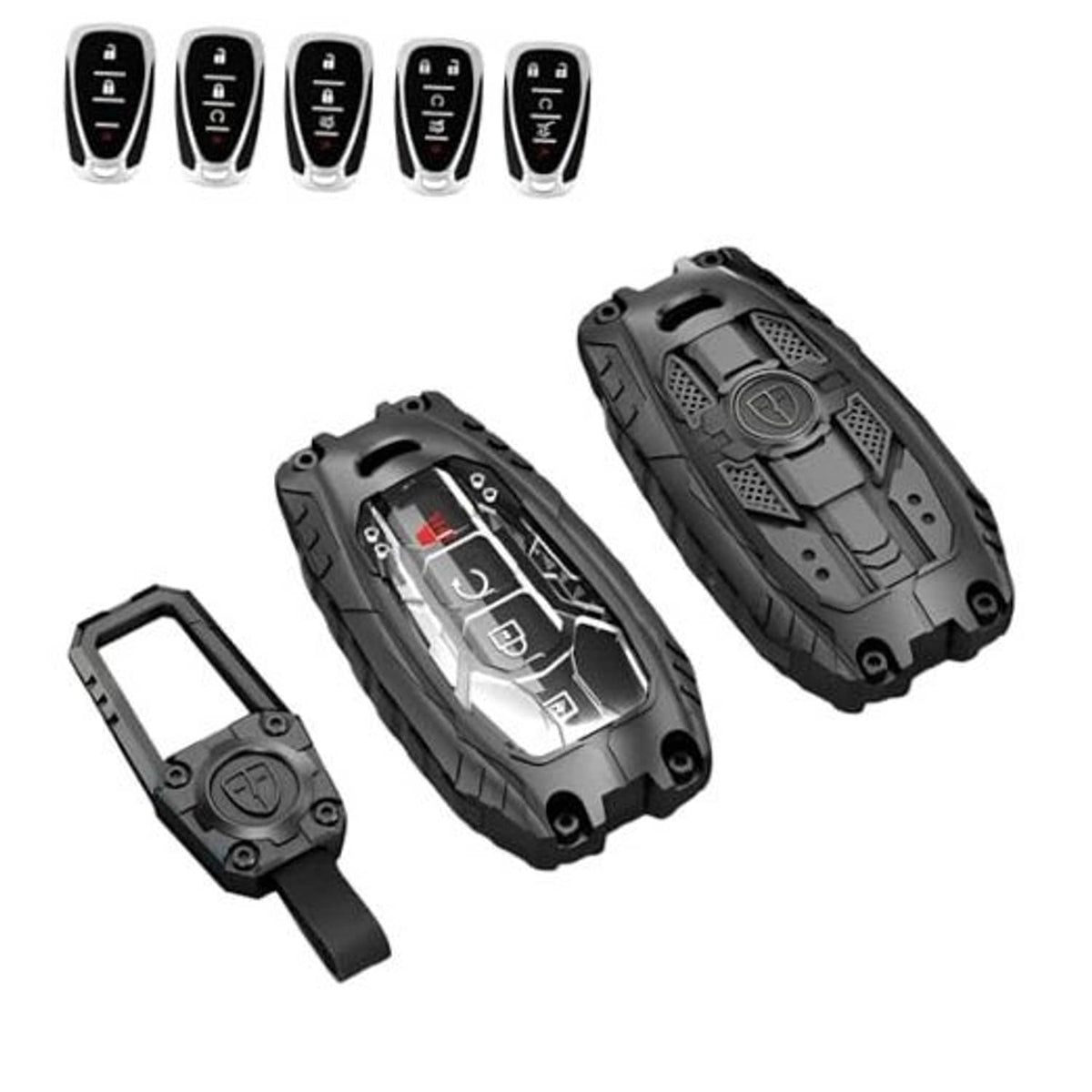 Black key fob case cover with keychain ring, open front showing key fob insert