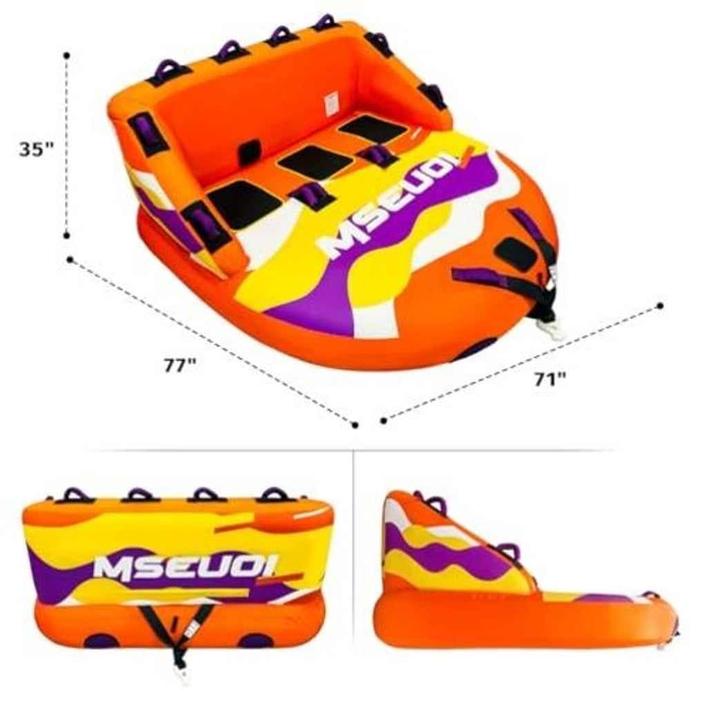 Orange inflatable towable tube with purple trim, shown with size dimensions and side view.