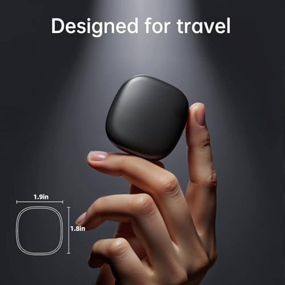 Compact black wireless ring charger case with metallic ring dock, travel-ready