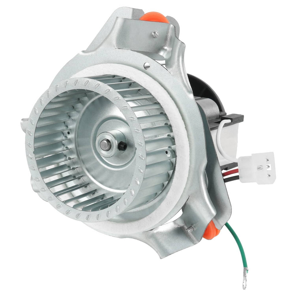 Draft inducer motor assembly with vented aluminum blower wheel, gray housing, wire leads
