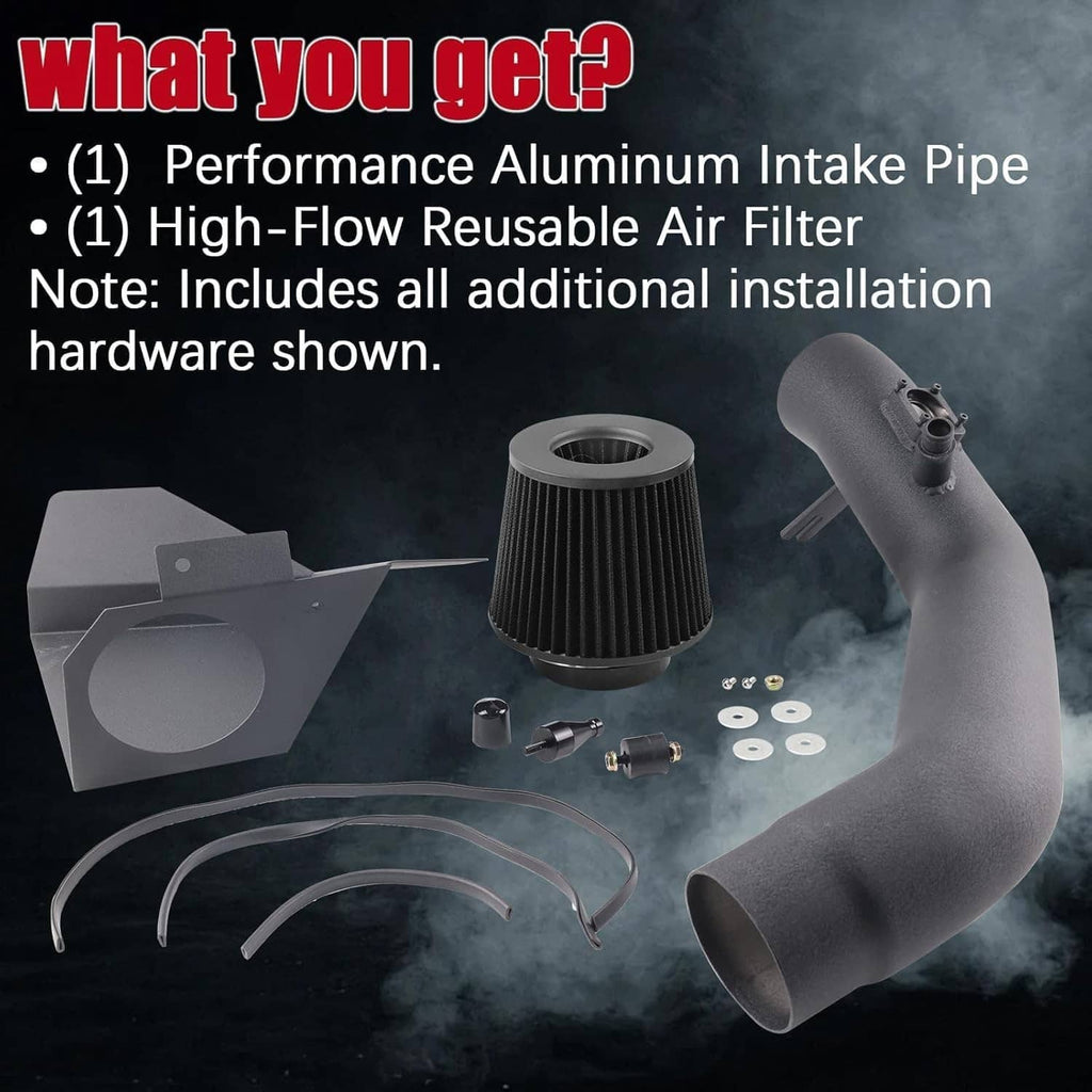 Cold air intake components kit: aluminum intake pipe, reusable air filter, hoses and clamps