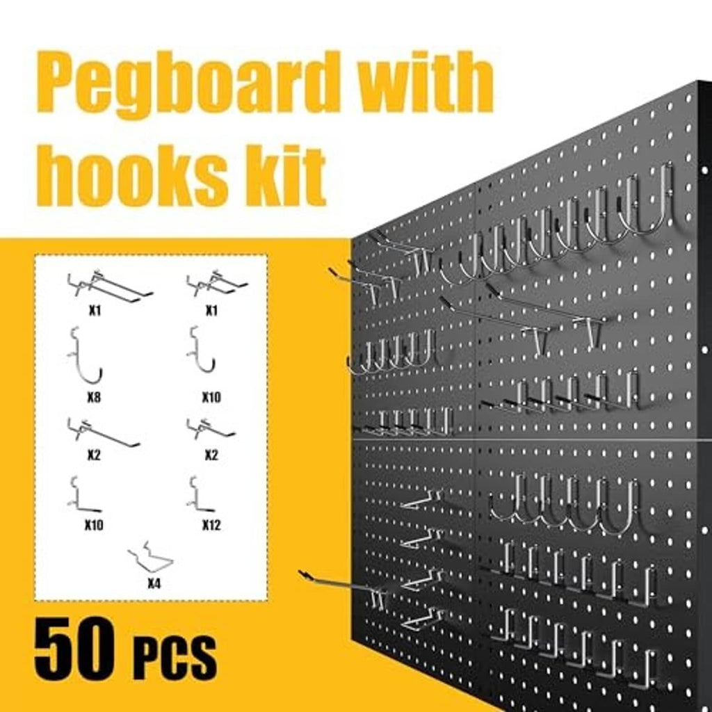 Black metal pegboard panel with included hanging hook set for organizing tools
