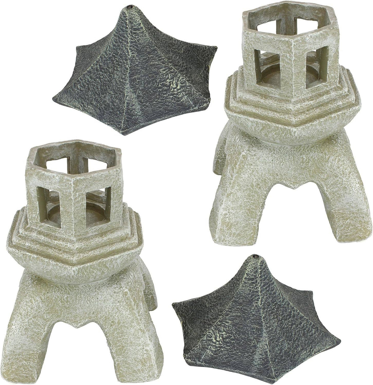 Set of 2 large cast stone pagoda lantern statues, angled views showing roof and side cutouts