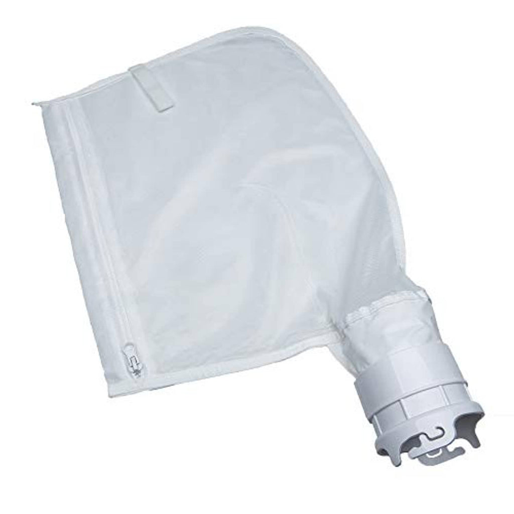Light white mesh debris bag with zipper opening and molded ABS connector