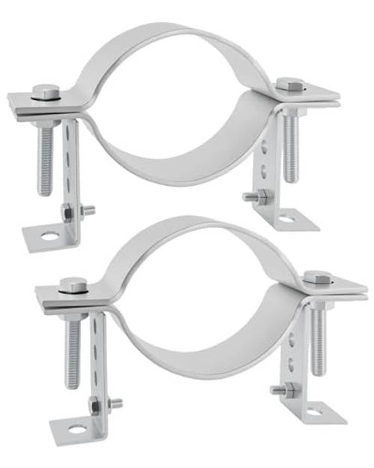 Adjustable 4-inch B-vent wall pipe brackets with split-ring clamps and threaded hardware