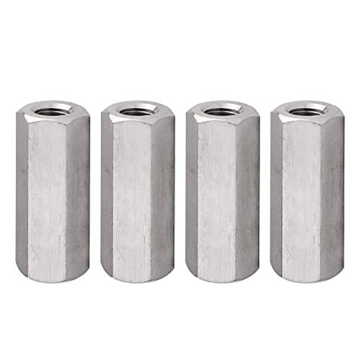 Four metric coupling nuts standing upright, hex exterior and threaded hole