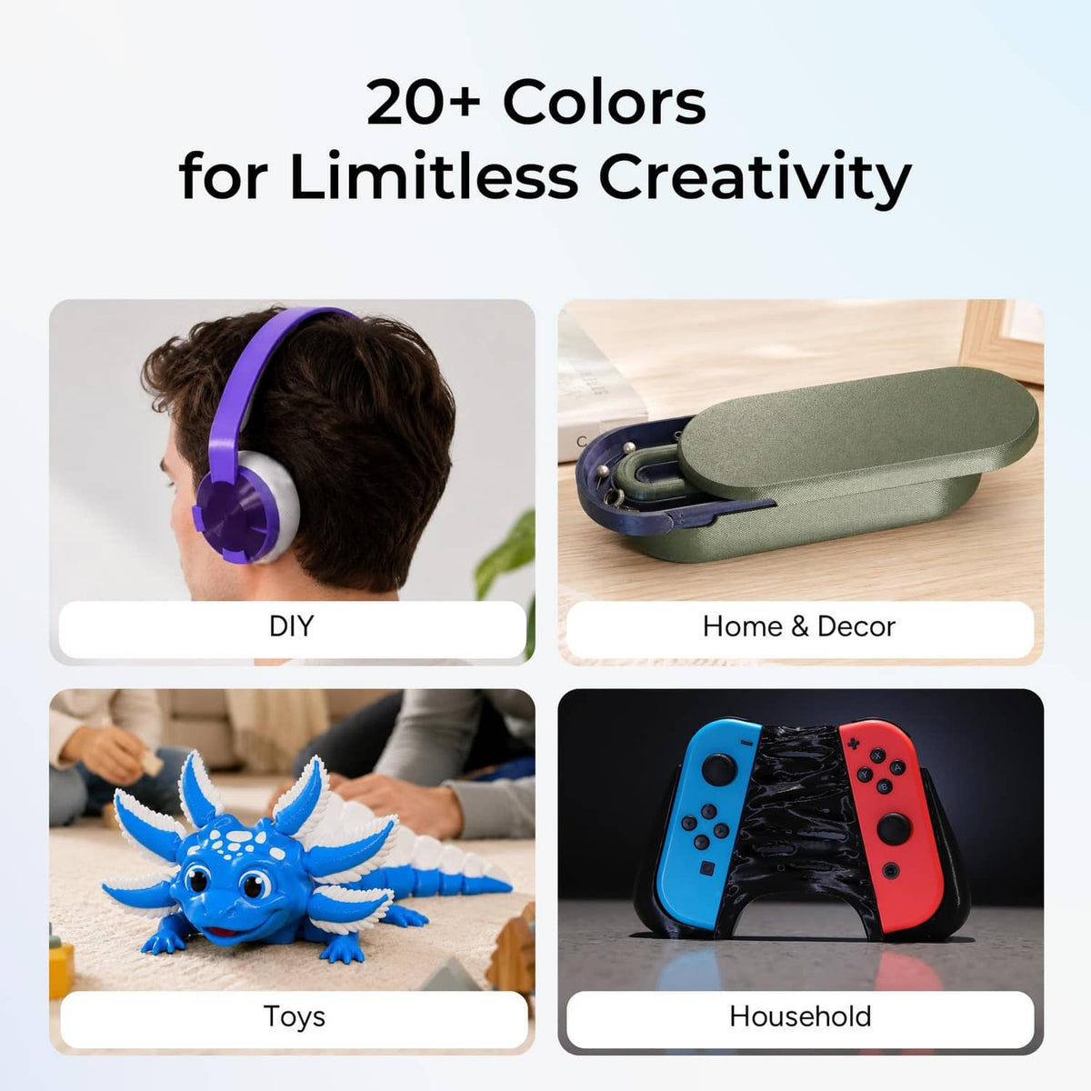 Assorted 3D-printed items: purple headband, green tray, blue toy, and game controllers