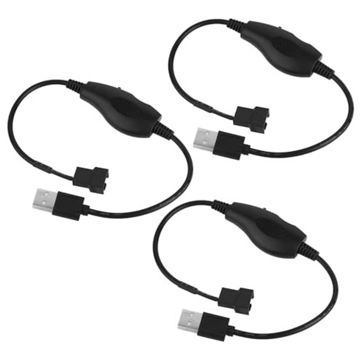 Three USB fan speed adapters with black controllers and USB-A plugs