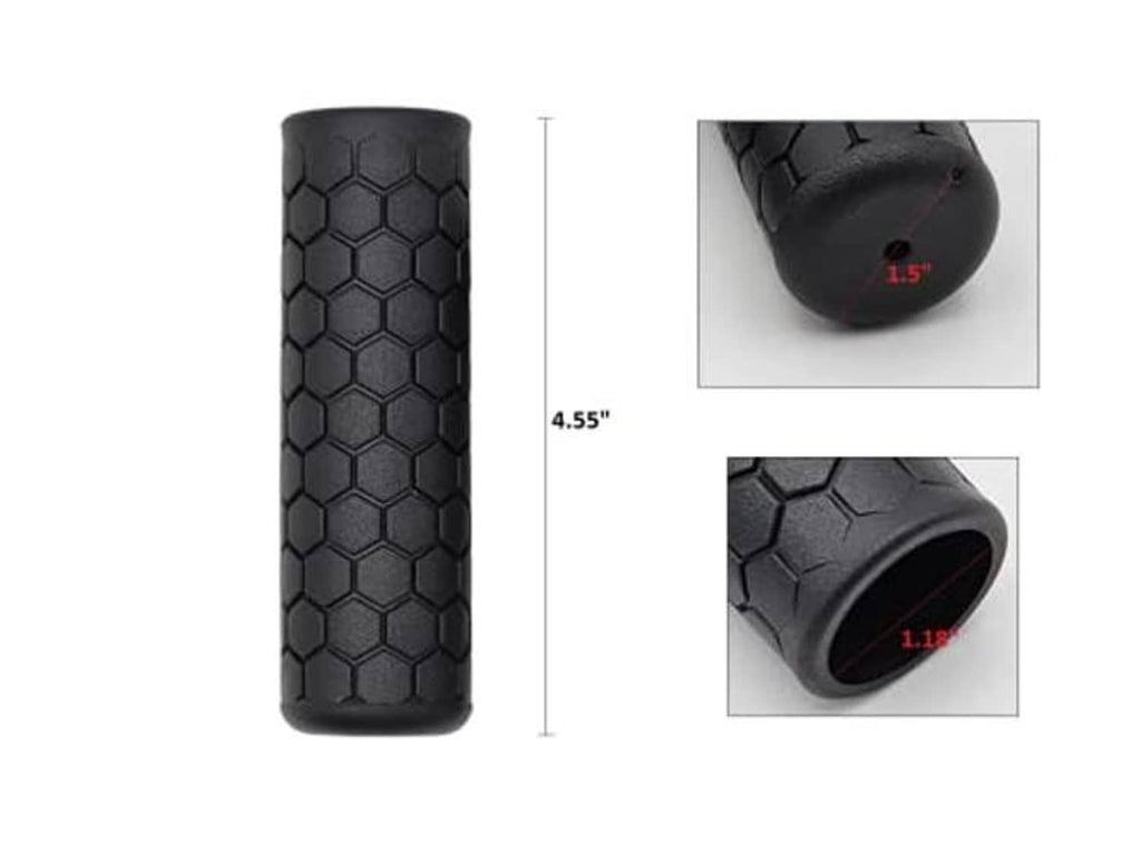 Black hexagon-pattern bike handlebar grip, textured non-slip rubber, size marked
