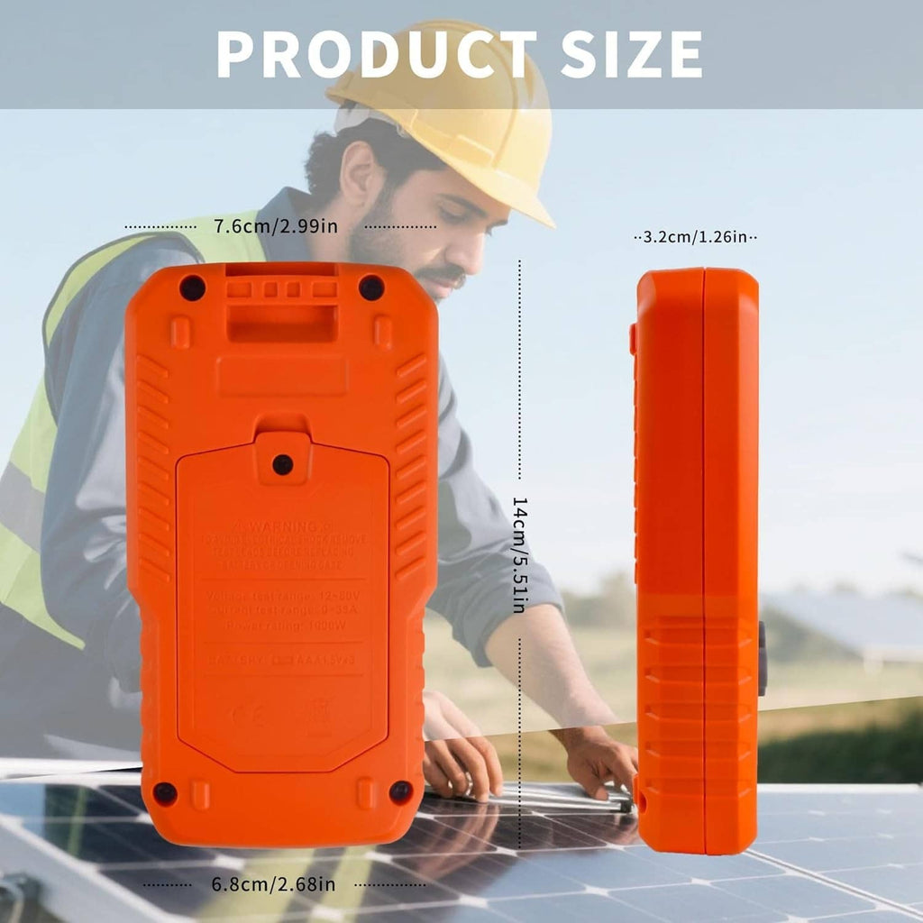 Orange solar MPPT tester back panel with screw holes and a side profile view.