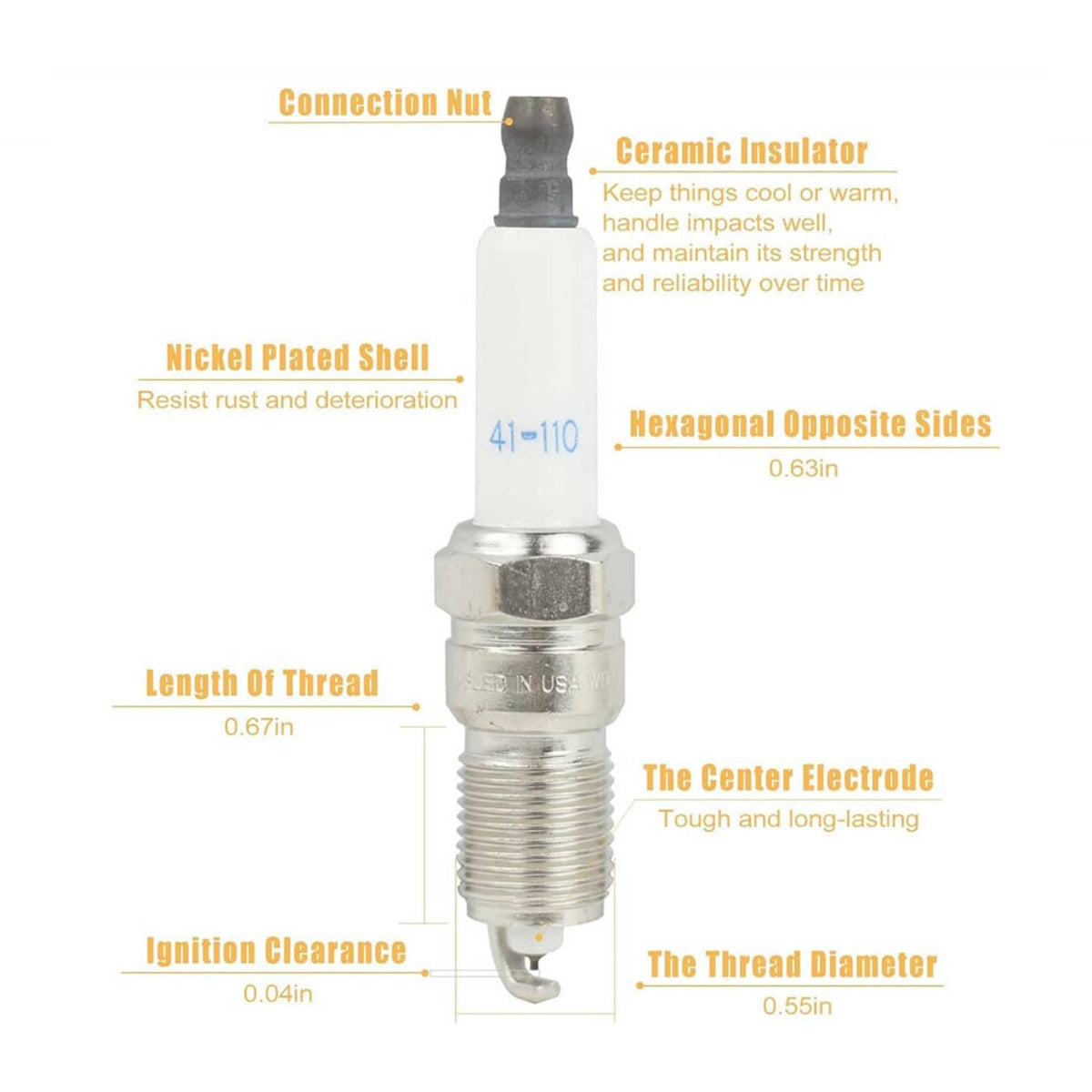 Spark plug close-up with white ceramic insulator and metal threaded shell.