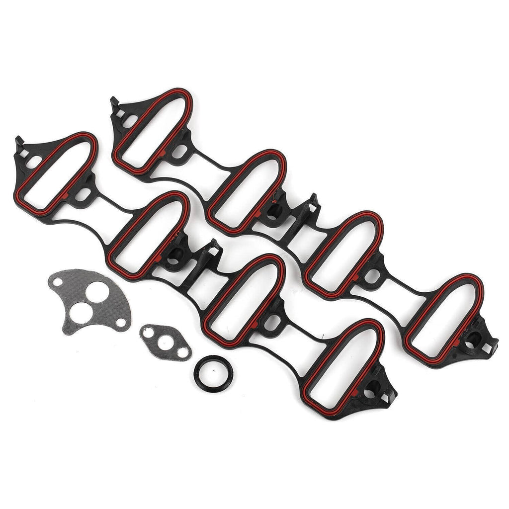 Fel-Pro intake manifold gasket set with multiple gaskets; black pieces with red sealing edges