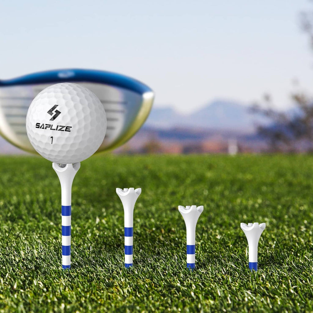 SAPLIZE golf tee set on grass; one tall and three shorter tees with blue shafts