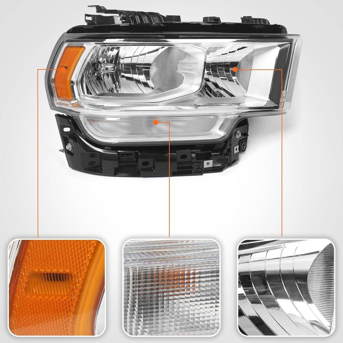 Right halogen chrome headlight assembly with orange side marker and clear lens