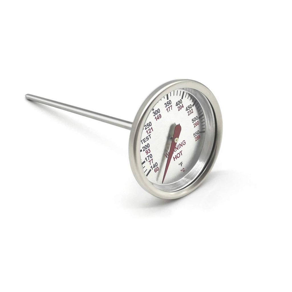 Grill thermometer replacement with circular dial showing 'Warning Hot' and long metal stem
