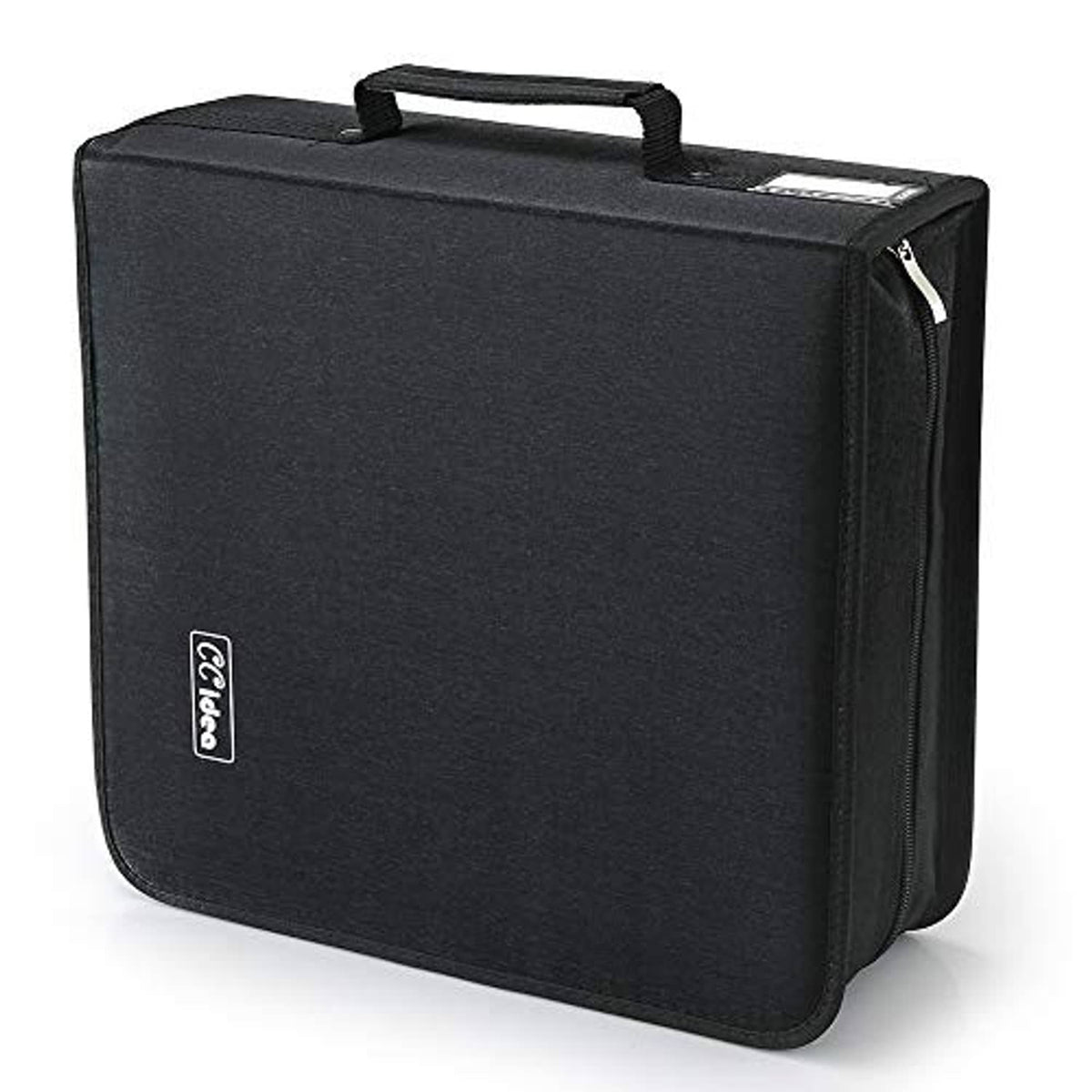Black CD/DVD storage case with top handle and rounded edges