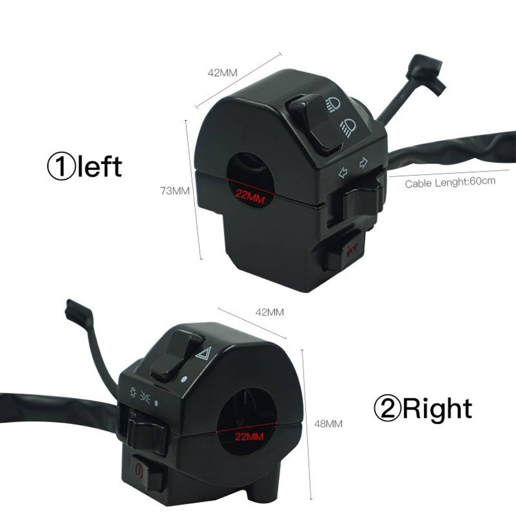 Motorcycle handlebar switch control with left/right layout and 22mm center opening