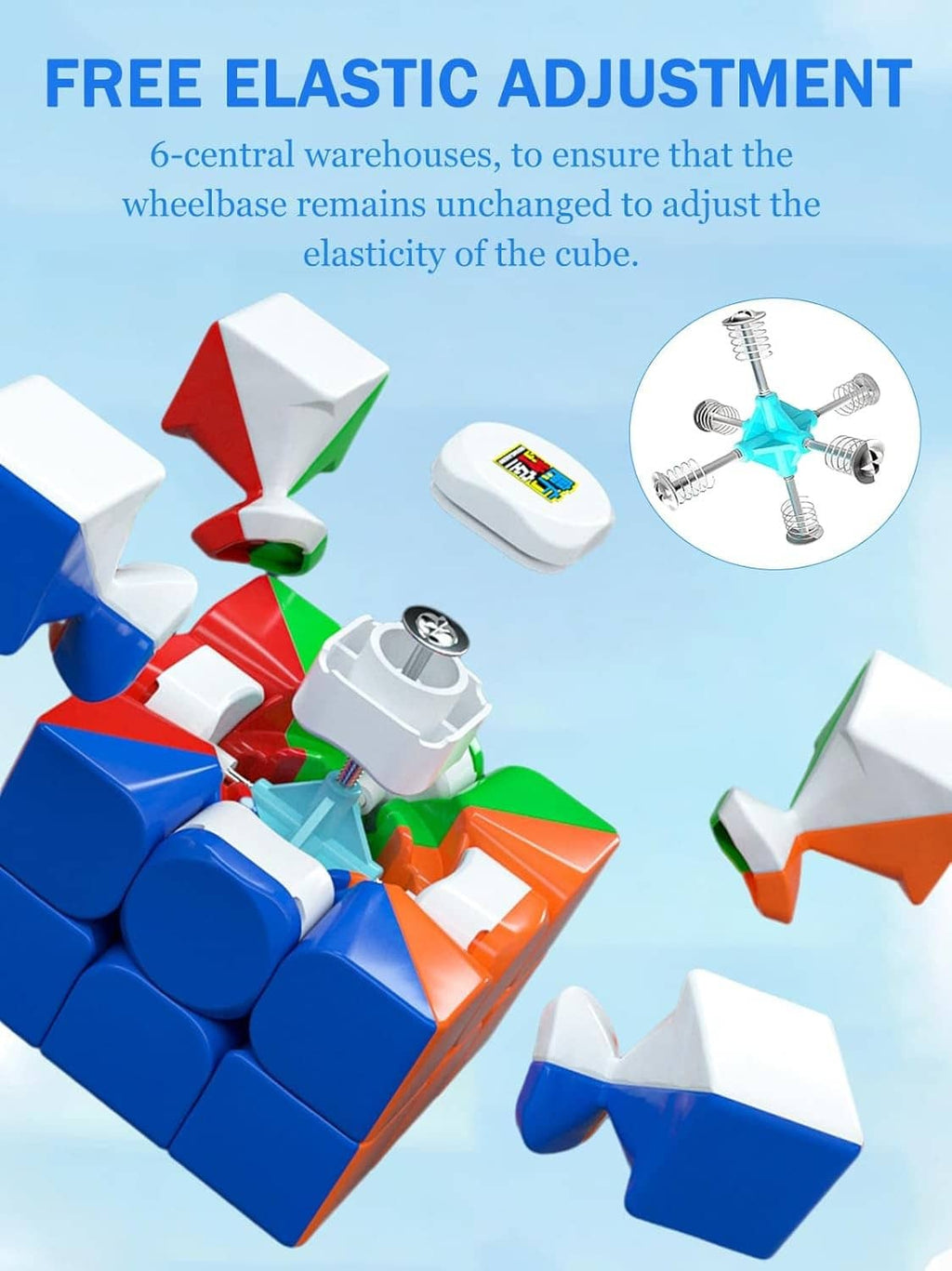 3x3 magnetic speed cube with blue, white, and red pieces in close view