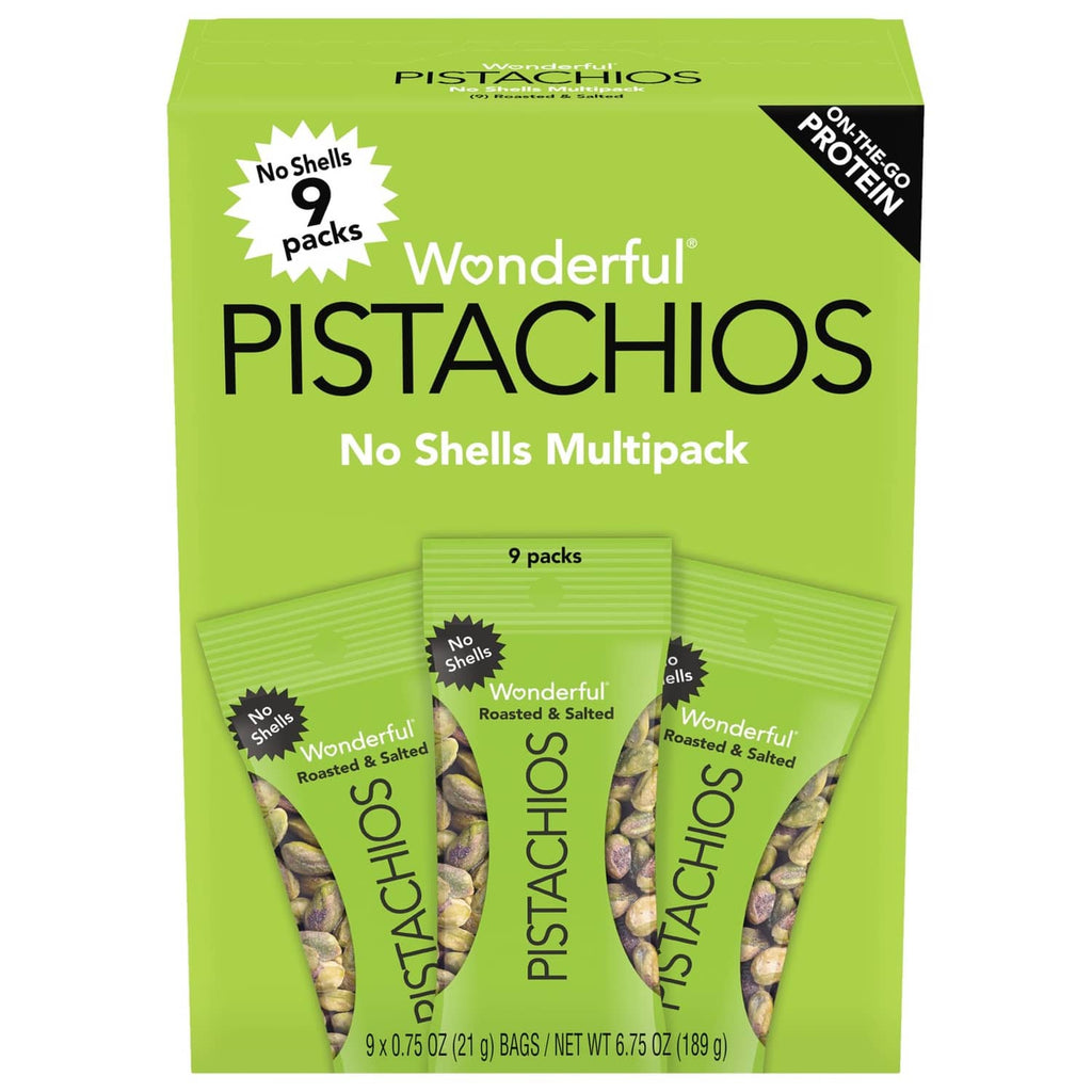 Wonderful Pistachios No Shells multipack carton, shows 9 packs on green box