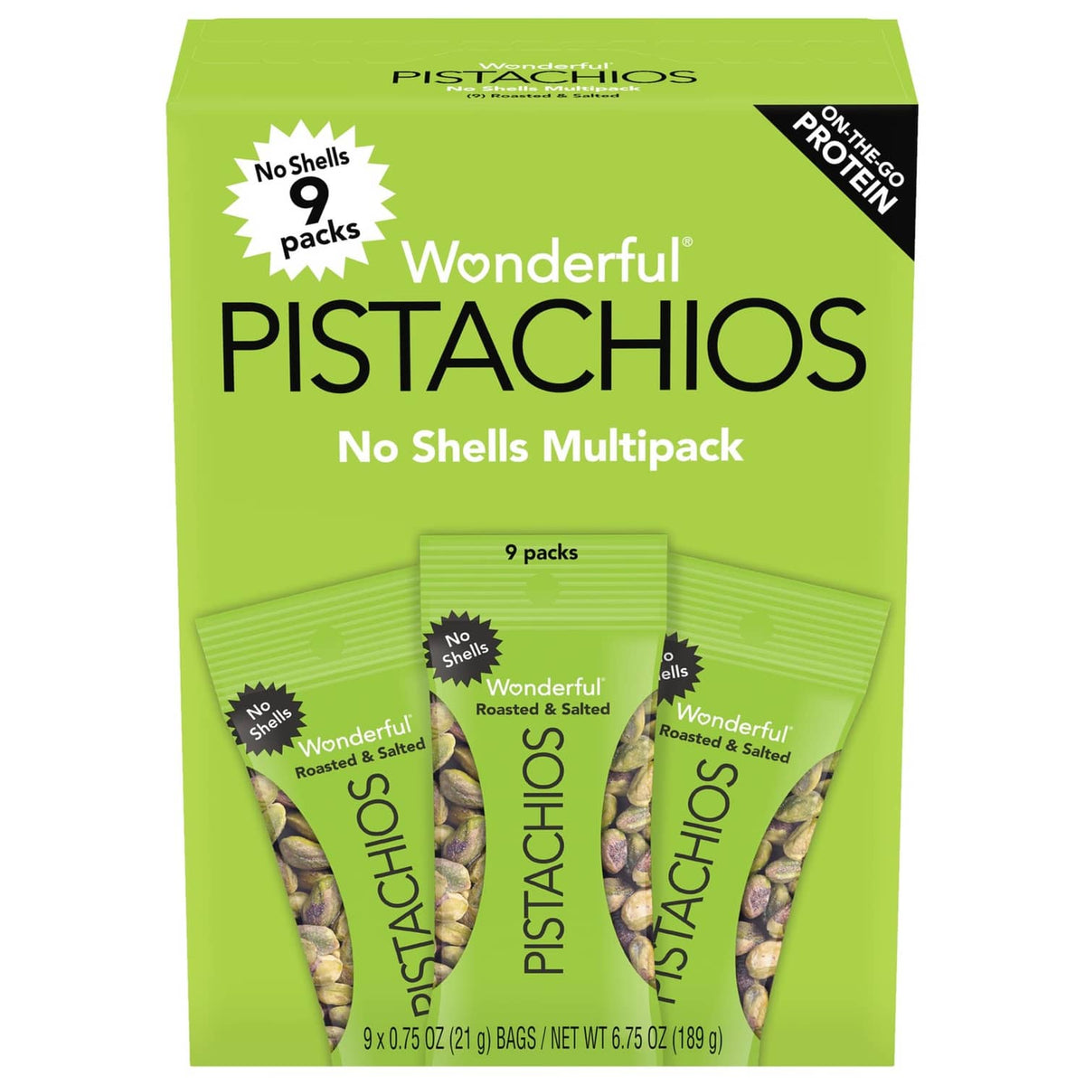 Wonderful Pistachios No Shells multipack carton, shows 9 packs on green box