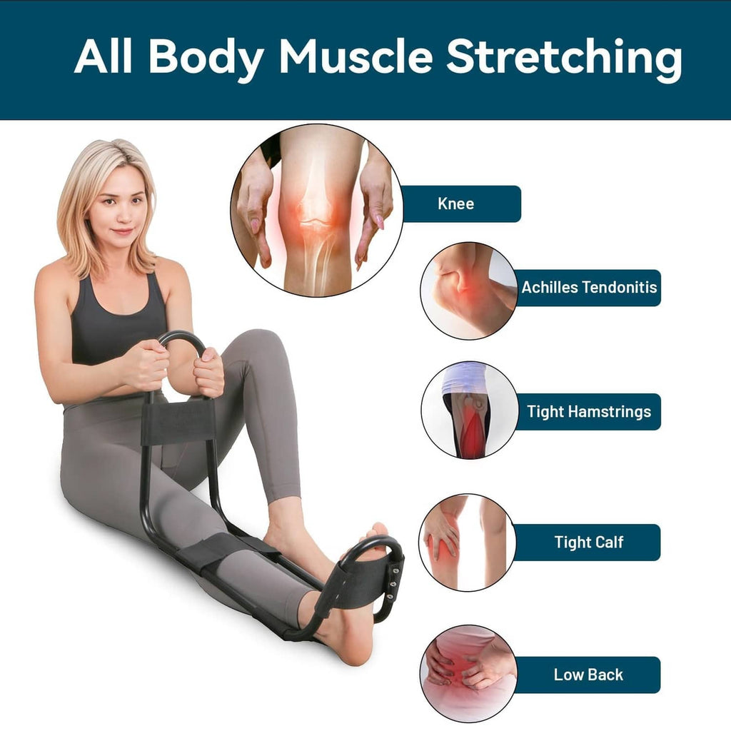 Black hamstring stretcher tool with knee pad and padded strap supports