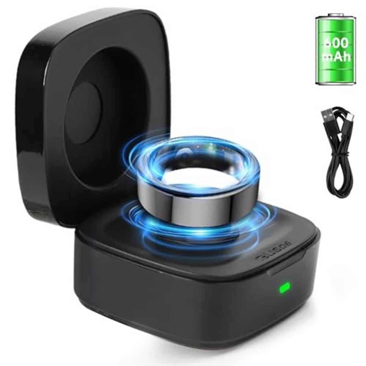 Black wireless ring charging case with blue wireless charging glow and green LED