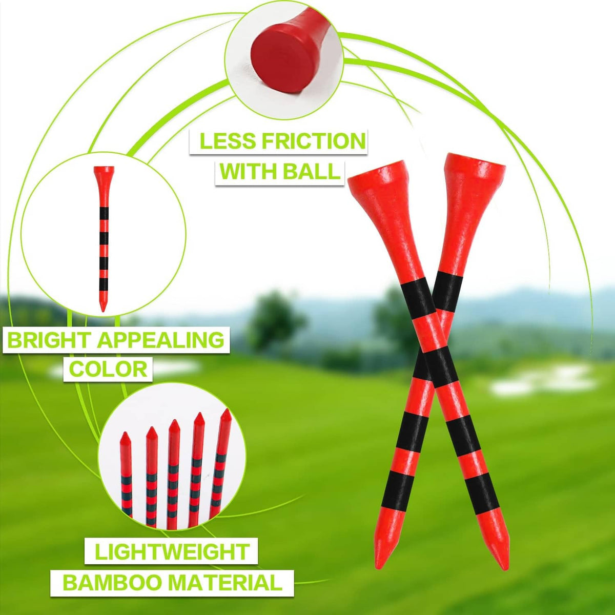 Red golf tees with black striped shafts, grouped with a golf ball for alignment