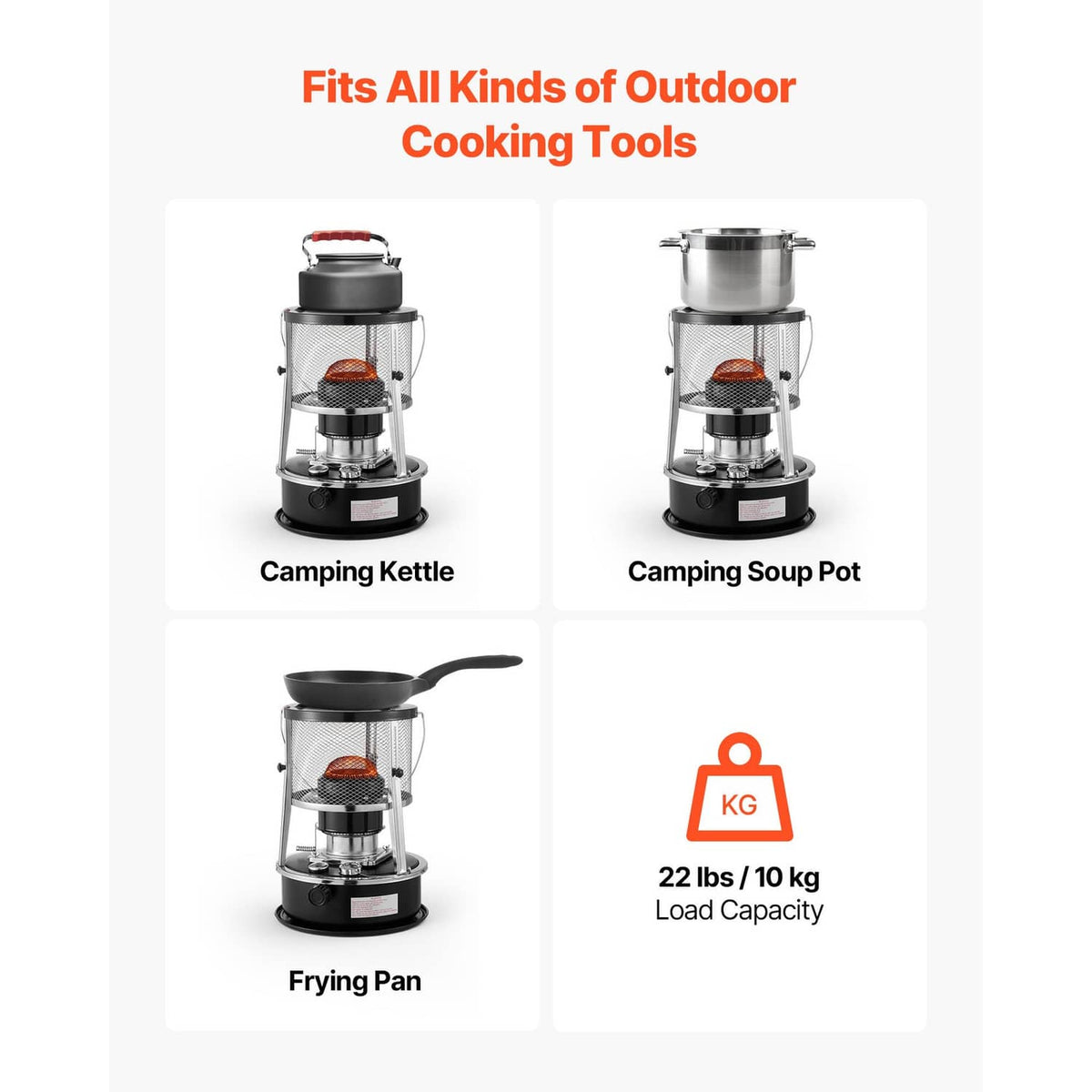 Portable kerosene heater stove with mesh guard, paired with outdoor camping cookware