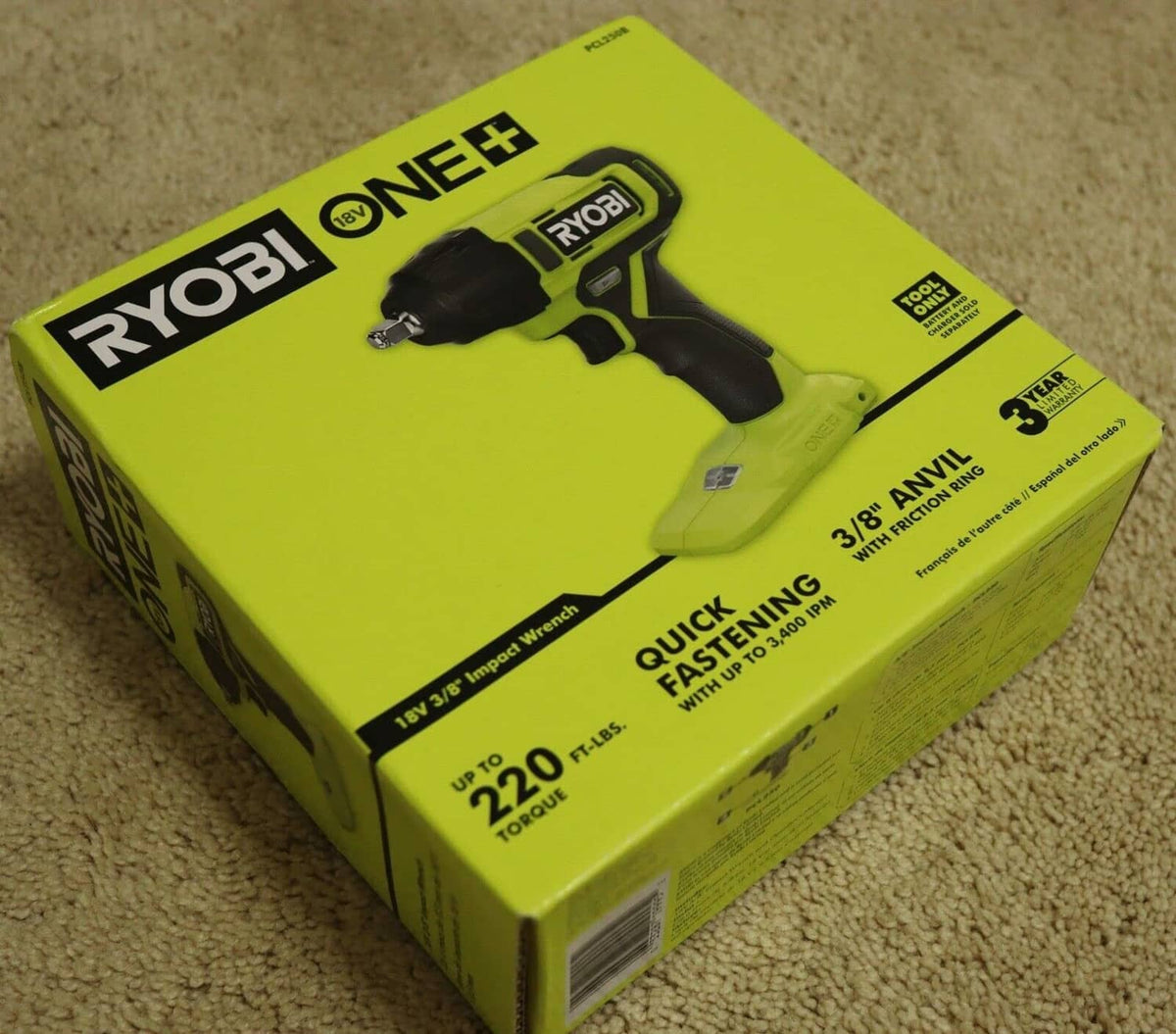 RYOBI ONE+ 18V cordless impact wrench tool, green and black on box