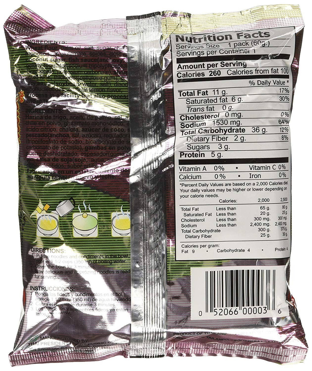 Instant ramen back pack with Nutrition Facts panel and barcode on foil