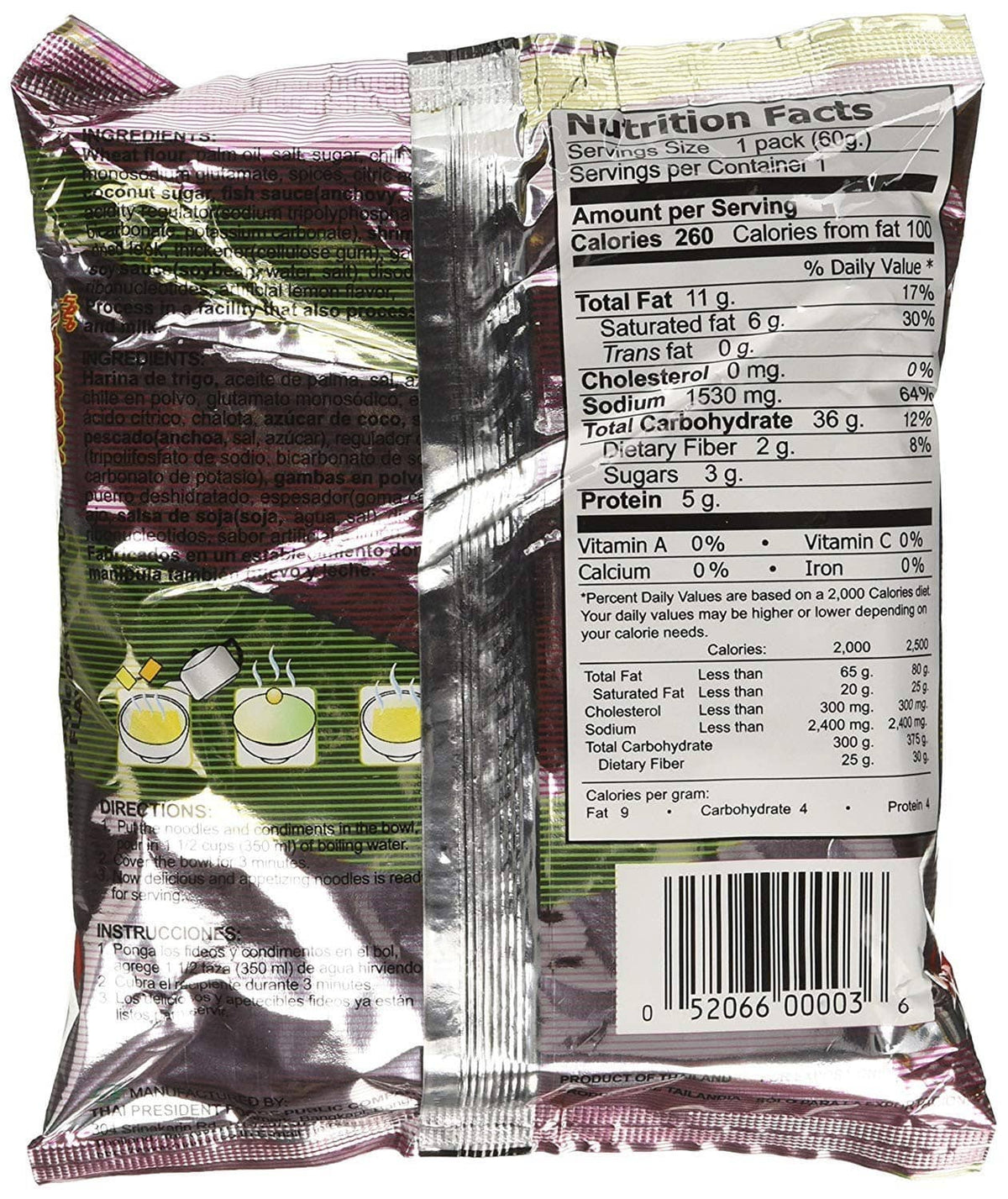 Instant ramen back pack with Nutrition Facts panel and barcode on foil