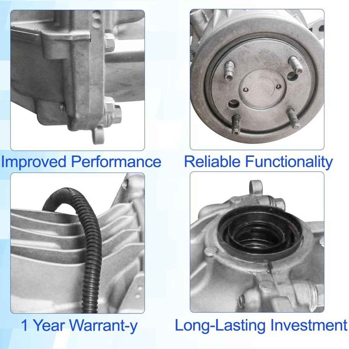 Silver rear axle differential carrier assembly detail views of ports and circular cover