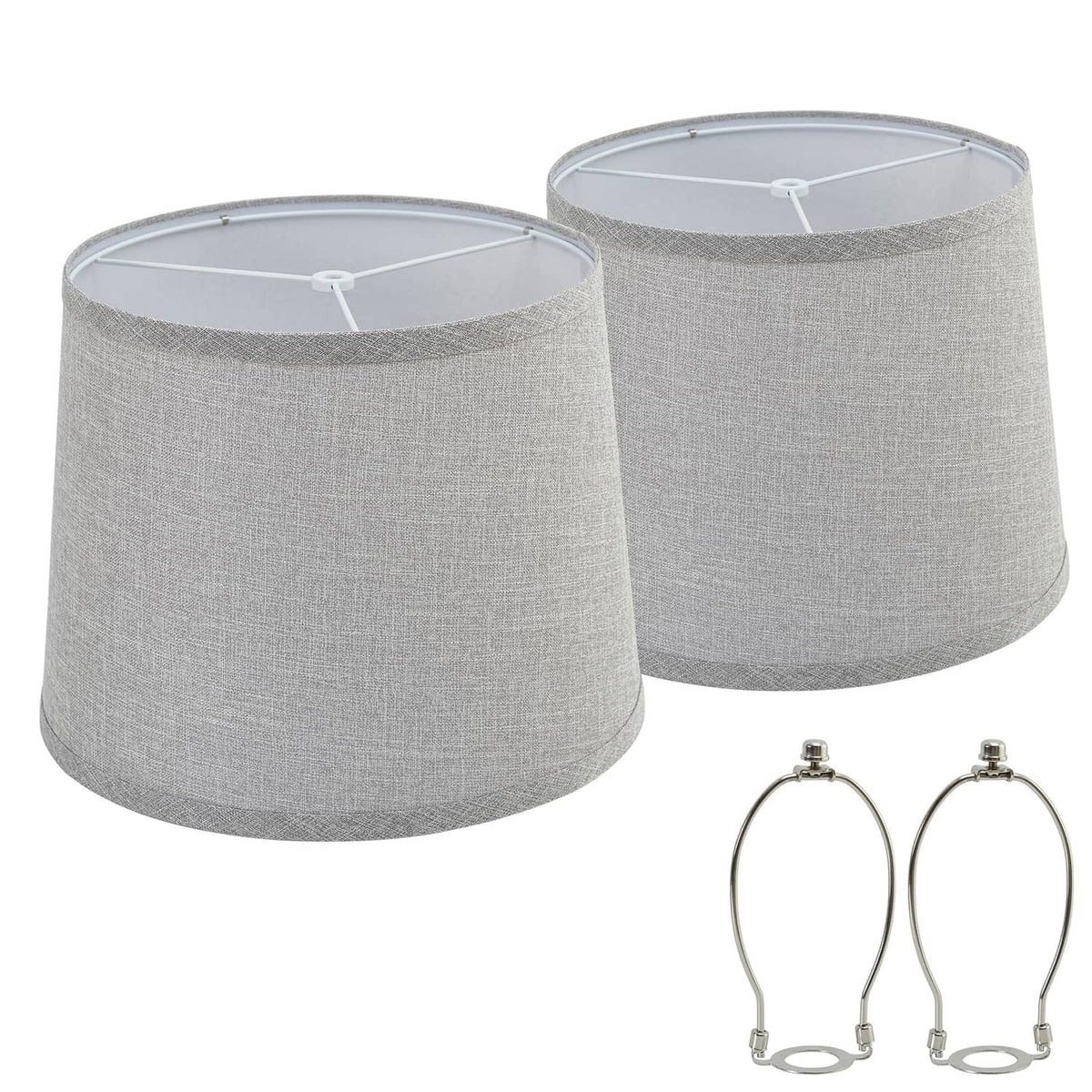 Gray fabric drum lamp shades, set of 2, with metal socket clips on top